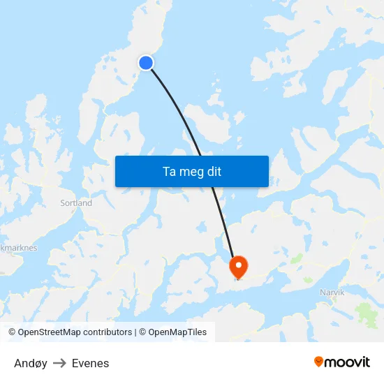 Andøy to Evenes map