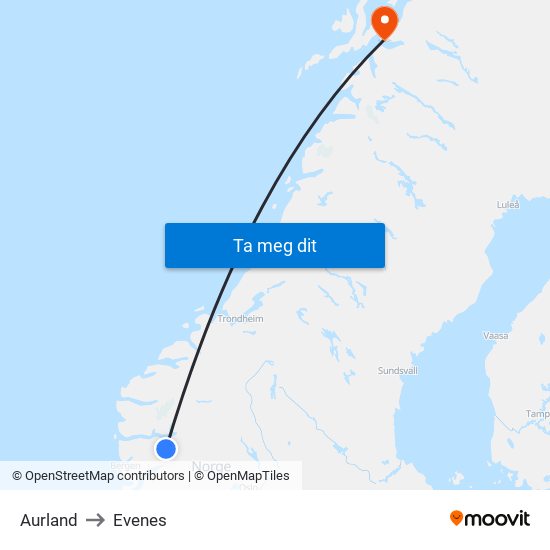 Aurland to Evenes map