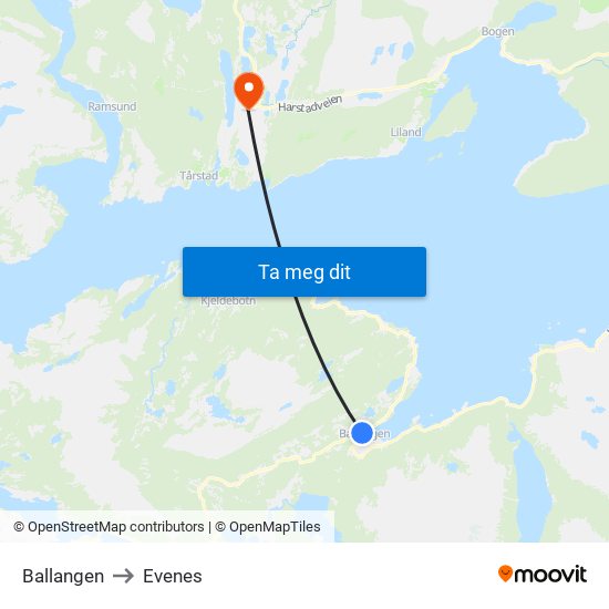 Ballangen to Evenes map