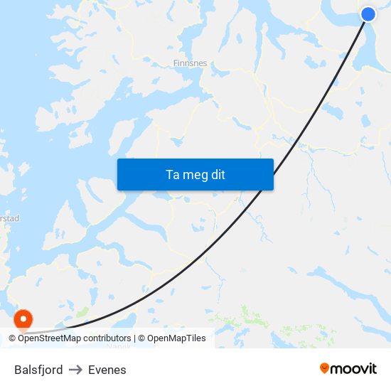 Balsfjord to Evenes map