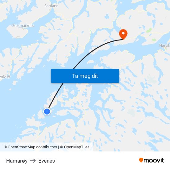 Hamarøy to Evenes map