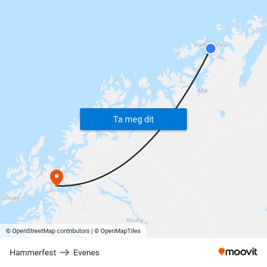 Hammerfest to Evenes map