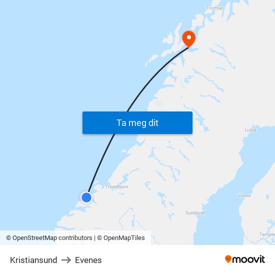 Kristiansund to Evenes map