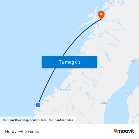 Herøy to Evenes map