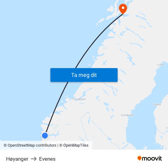 Høyanger to Evenes map