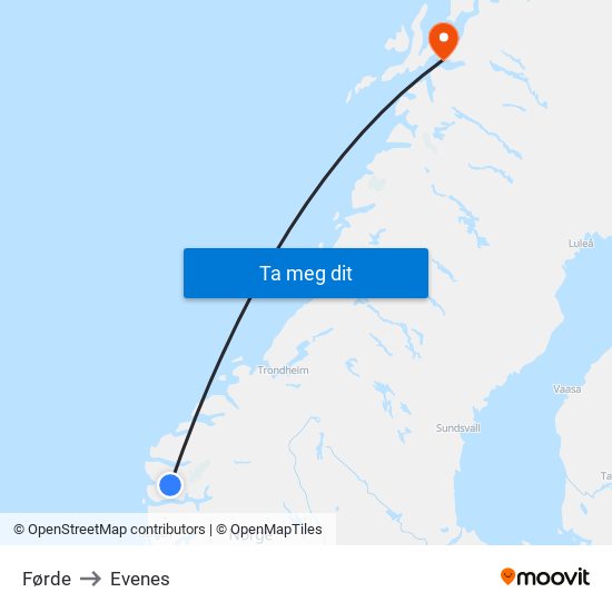 Førde to Evenes map