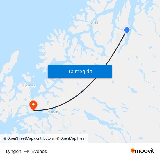 Lyngen to Evenes map