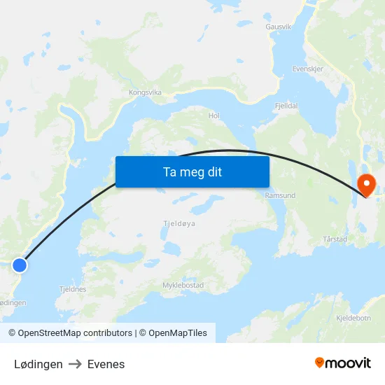 Lødingen to Evenes map