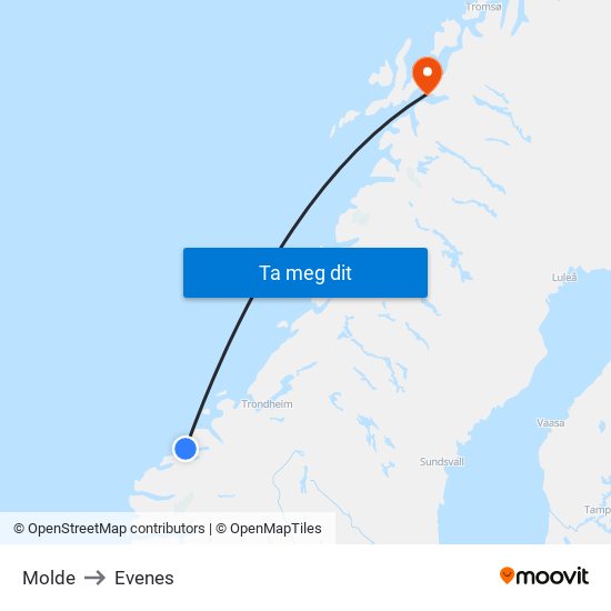 Molde to Evenes map