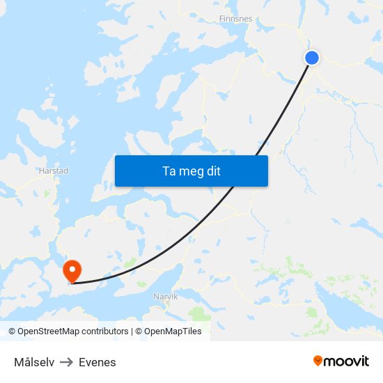 Målselv to Evenes map