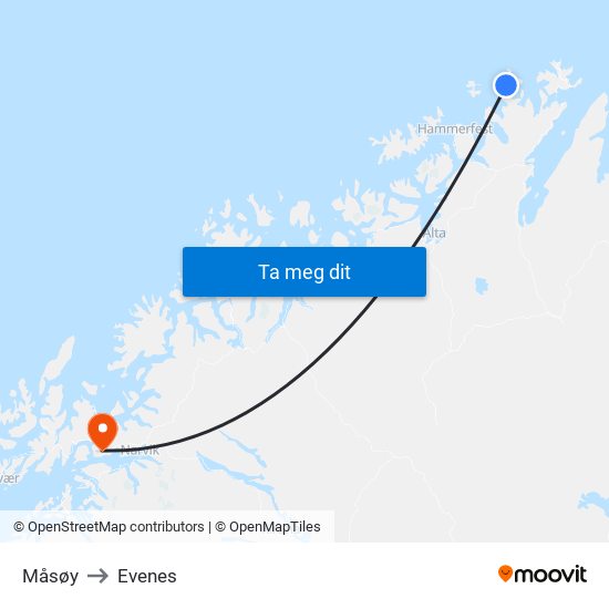 Måsøy to Evenes map