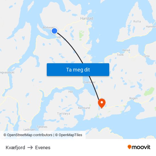 Kvæfjord to Evenes map