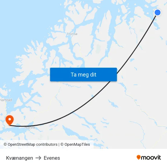 Kvænangen to Evenes map