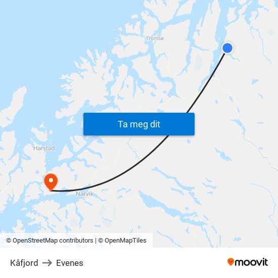 Kåfjord to Evenes map