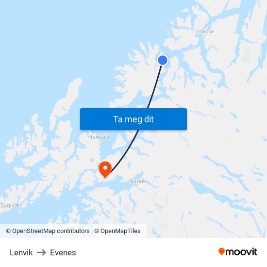 Lenvik to Evenes map