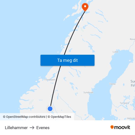 Lillehammer to Evenes map