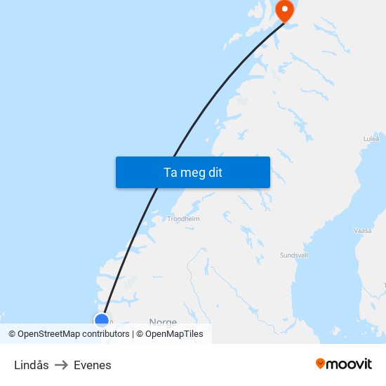 Lindås to Evenes map