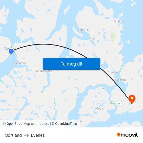 Sortland to Evenes map