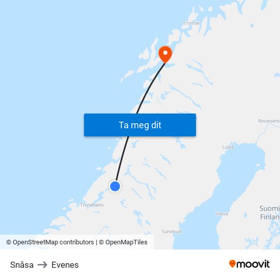 Snåsa to Evenes map