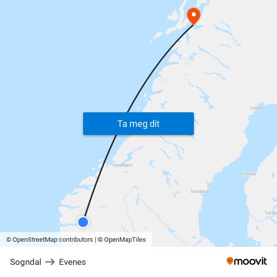Sogndal to Evenes map