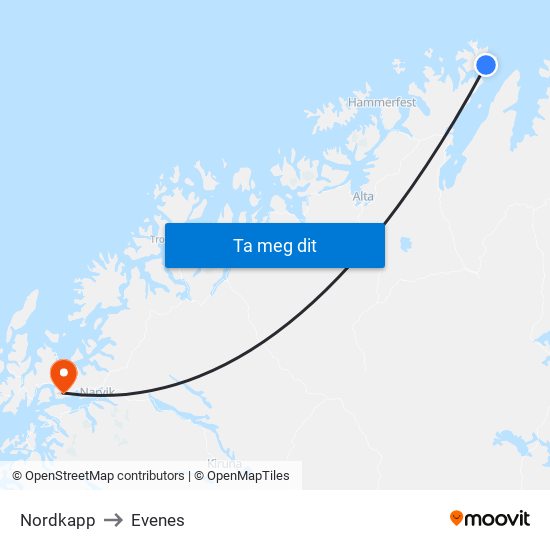 Nordkapp to Evenes map