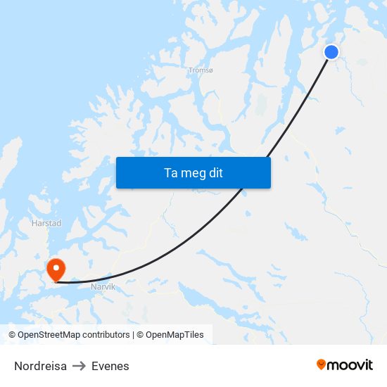 Nordreisa to Evenes map