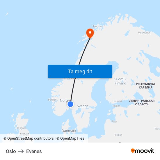 Oslo to Evenes map