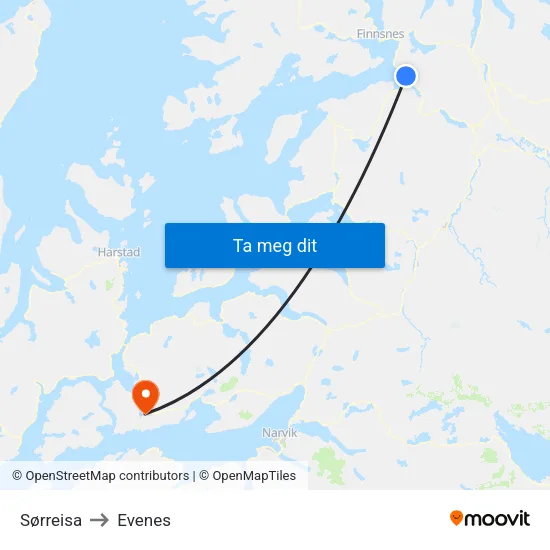 Sørreisa to Evenes map