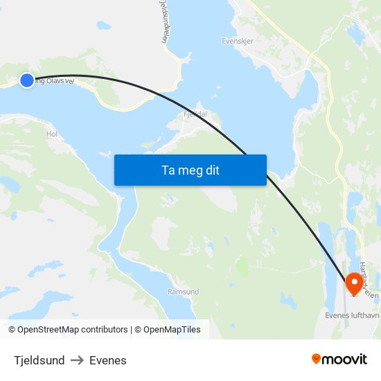 Tjeldsund to Evenes map