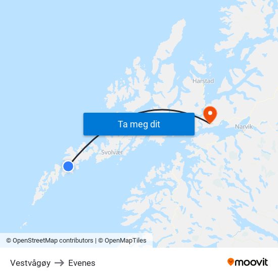 Vestvågøy to Evenes map