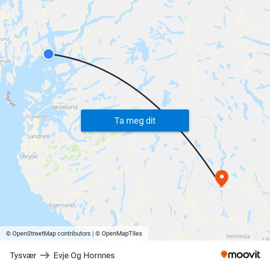 Tysvær to Evje Og Hornnes map