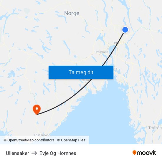 Ullensaker to Evje Og Hornnes map