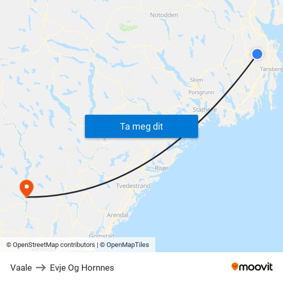 Vaale to Evje Og Hornnes map