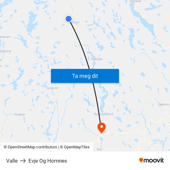 Valle to Evje Og Hornnes map