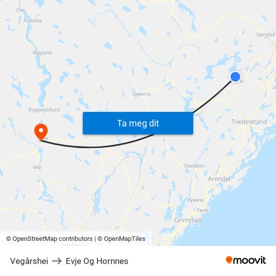 Vegårshei to Evje Og Hornnes map