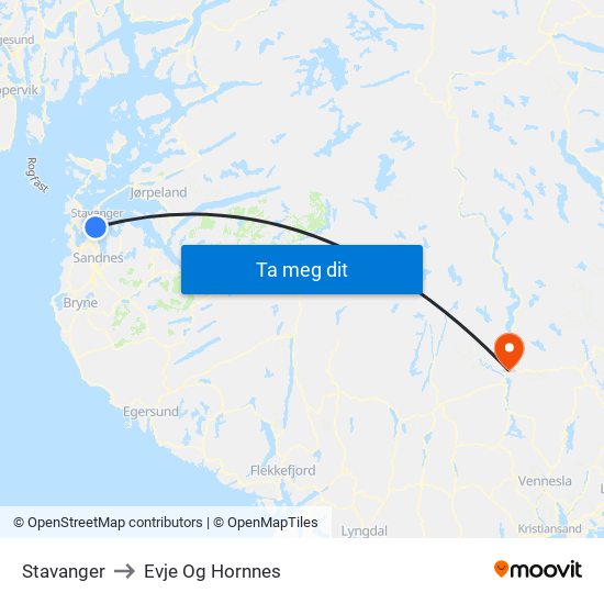 Stavanger to Evje Og Hornnes map