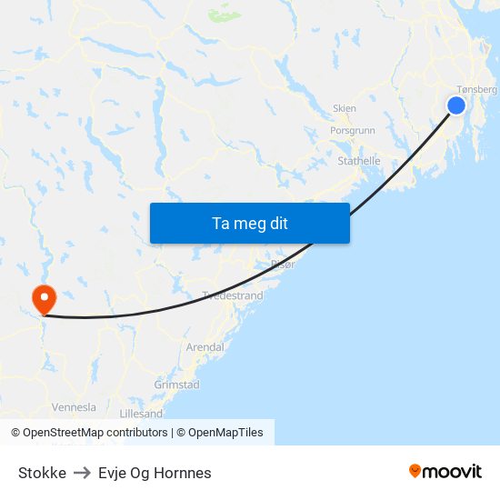 Stokke to Evje Og Hornnes map