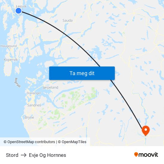 Stord to Evje Og Hornnes map