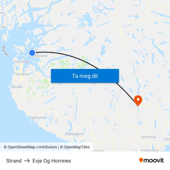 Strand to Evje Og Hornnes map