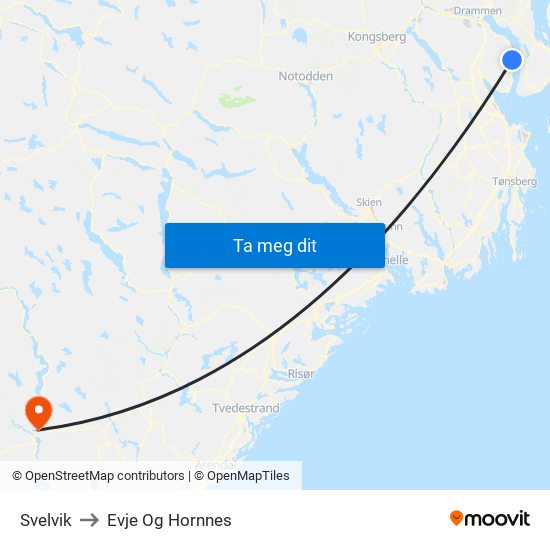 Svelvik to Evje Og Hornnes map