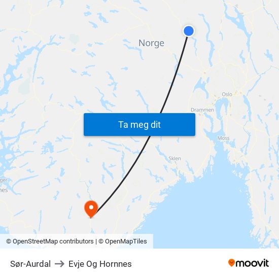 Sør-Aurdal to Evje Og Hornnes map