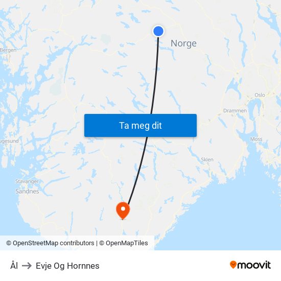 Ål to Evje Og Hornnes map