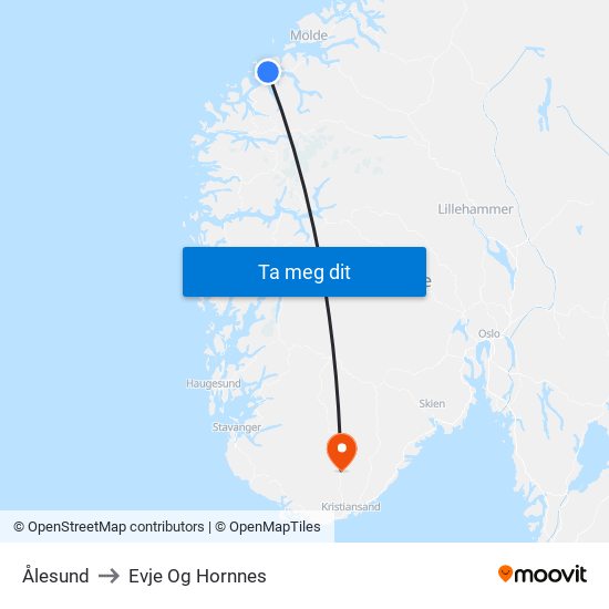 Ålesund to Evje Og Hornnes map