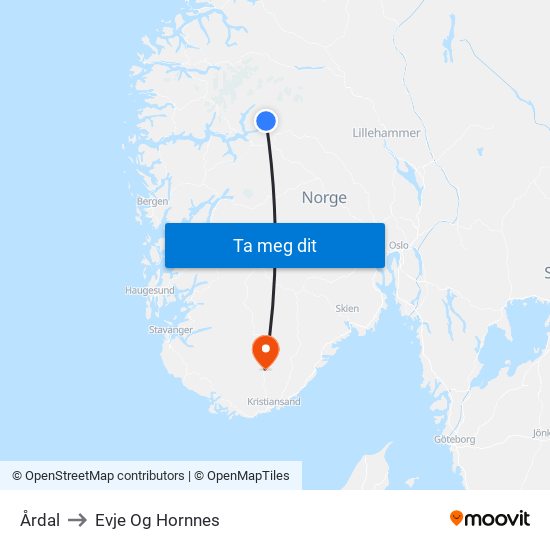 Årdal to Evje Og Hornnes map