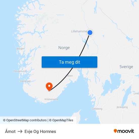 Åmot to Evje Og Hornnes map