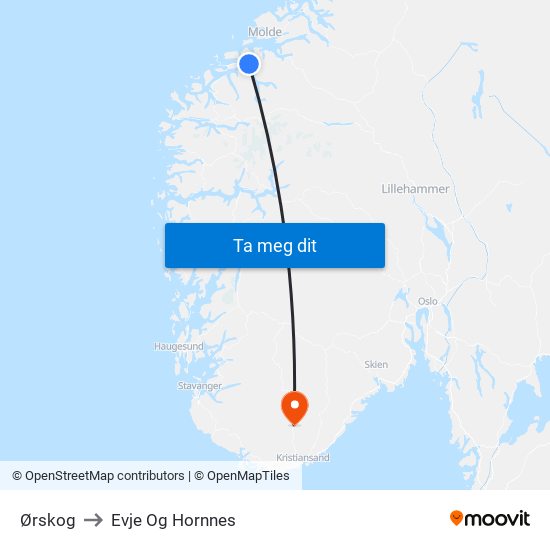 Ørskog to Evje Og Hornnes map