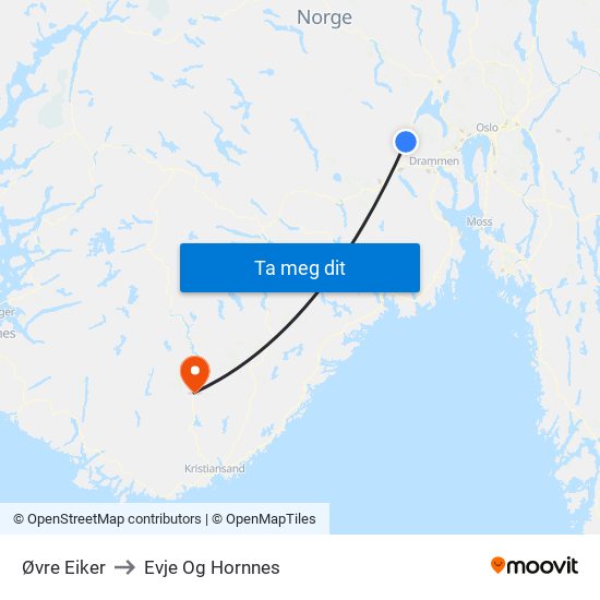 Øvre Eiker to Evje Og Hornnes map