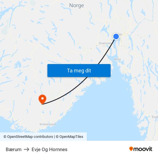 Bærum to Evje Og Hornnes map