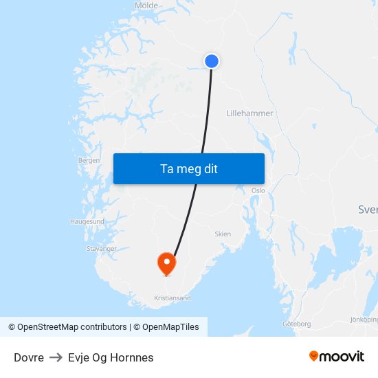 Dovre to Evje Og Hornnes map