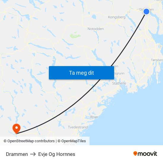 Drammen to Evje Og Hornnes map